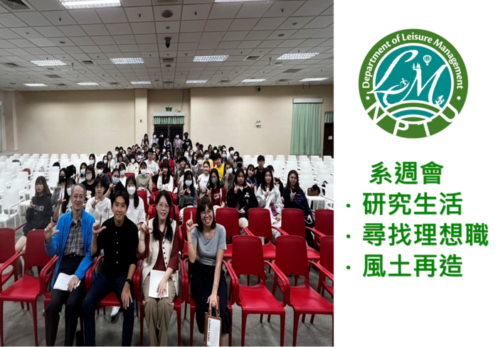 圖片左半邊為師長及與會同學們團體合照，右半邊為休閒系系徽及文字【系週會 -研究生活 .尋找理想職 .風土再造】圖片